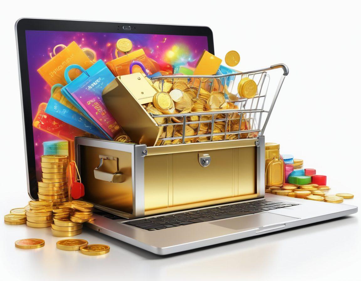 A vibrant illustration of a treasure chest overflowing with gold coins and discount coupons, surrounded by a laptop displaying enticing online shopping deals. In the background, colorful shopping bags and a shopping cart filled with products emphasize variety and affordability. Playful, cartoonish style with bright colors and dynamic elements to create an engaging atmosphere. cartoon style. bright colors. white background.