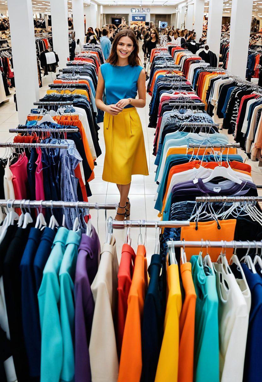 A stylish, modern shopping scene showcasing a diverse group of consumers enthusiastically rummaging through clearance racks filled with colorful clothing and accessories. Bright sale signs highlighting discounts, with shopping bags overflowing with trendy finds. The atmosphere should exude excitement and savvy shopping strategies. Include elements like a digital countdown timer indicating flash sales and a fashion-forward editorial vibe. super-realistic. vibrant colors. 3D.