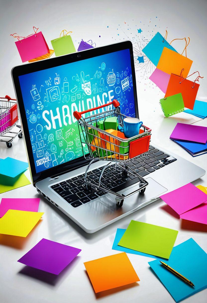 A vibrant online shopping scene featuring a collage of shopping carts overflowing with discounted products, a glowing laptop screen displaying exciting deals, and playful dollar signs floating around. The background includes a trendy workspace with a cup of coffee and shopping list notes. The overall theme radiates energy and excitement, inviting users to explore savings. digital art. vibrant colors. white background.